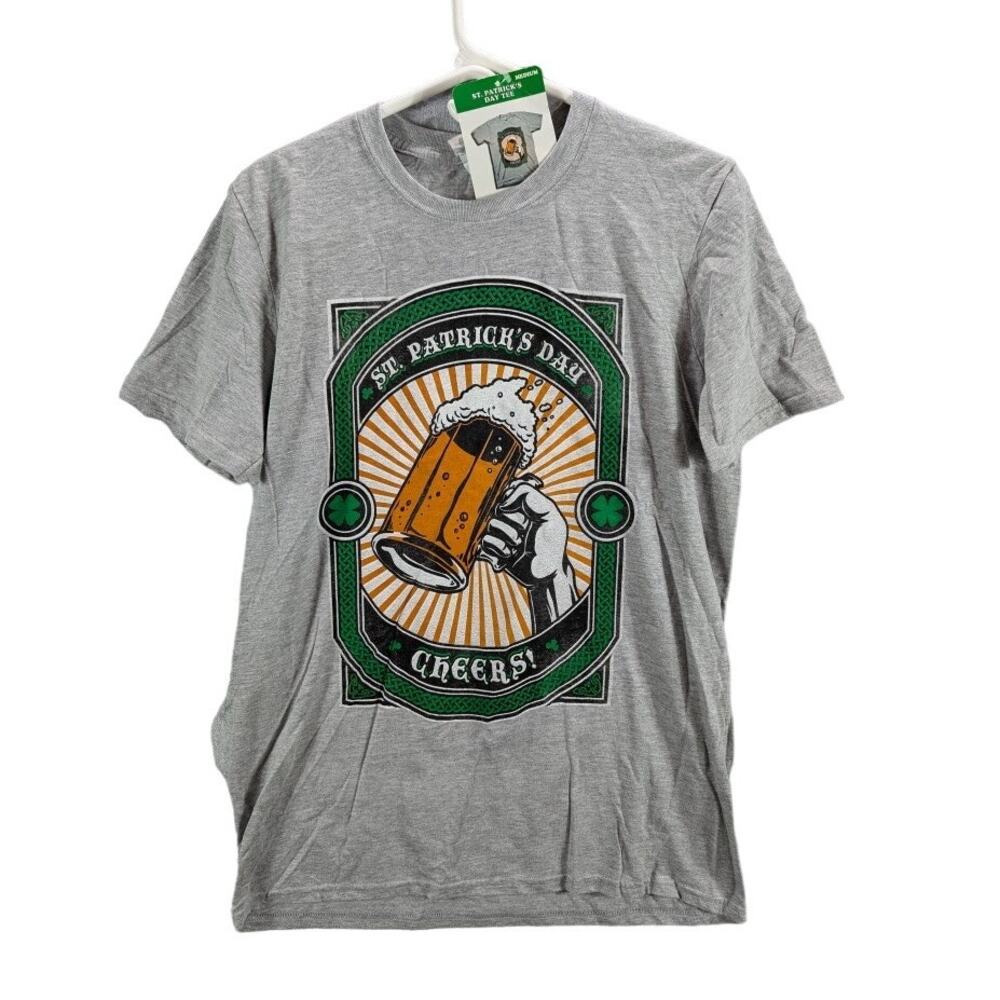 St Patricks Day Shirt Mens Medium Gray Green Beer Cheers Party Irish Shamrock
